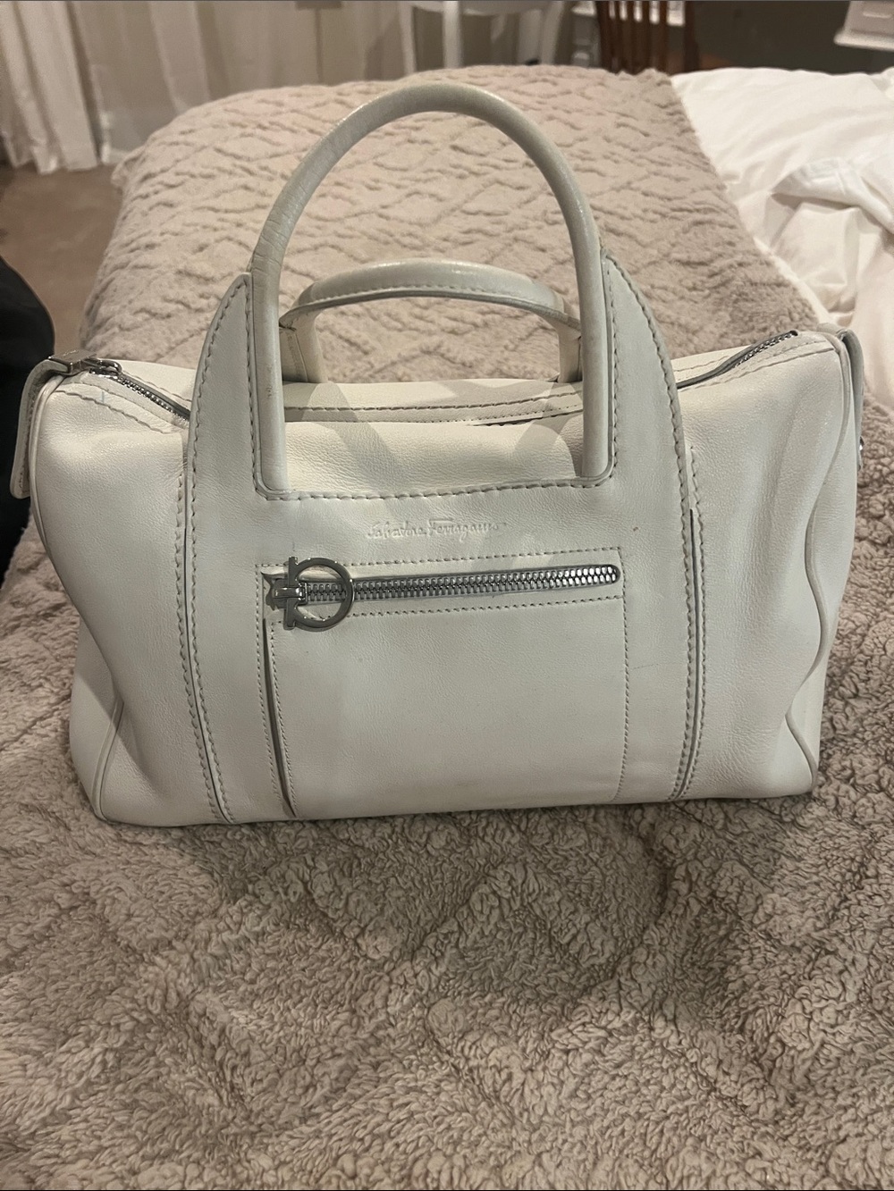 Salvatore Ferragamo White Leather Satchel with Silver Hardware